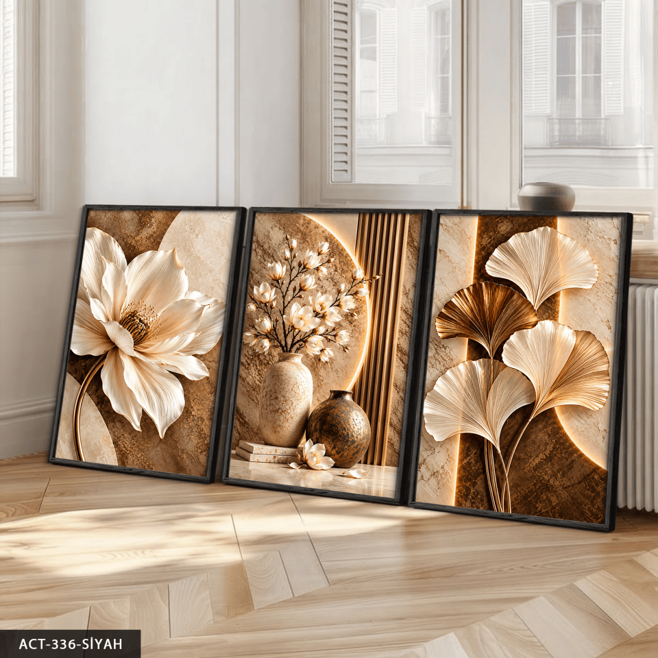 Kahve Beyaz Çiçek ve Yaprak 3 Parça Ahşap Çerçeveli Tablo ACT Siyah - 40 x 60 CM