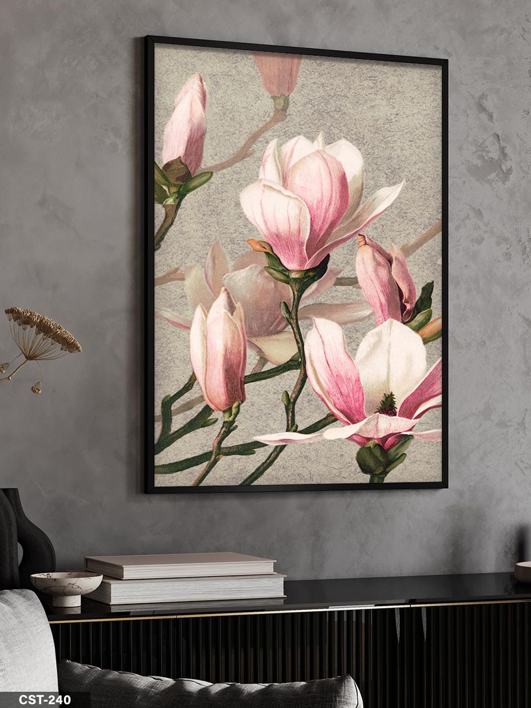 Pembe Manolya Tek Parça Ahşap Çerçeveli Tablo Siyah - 30 x 40 CM