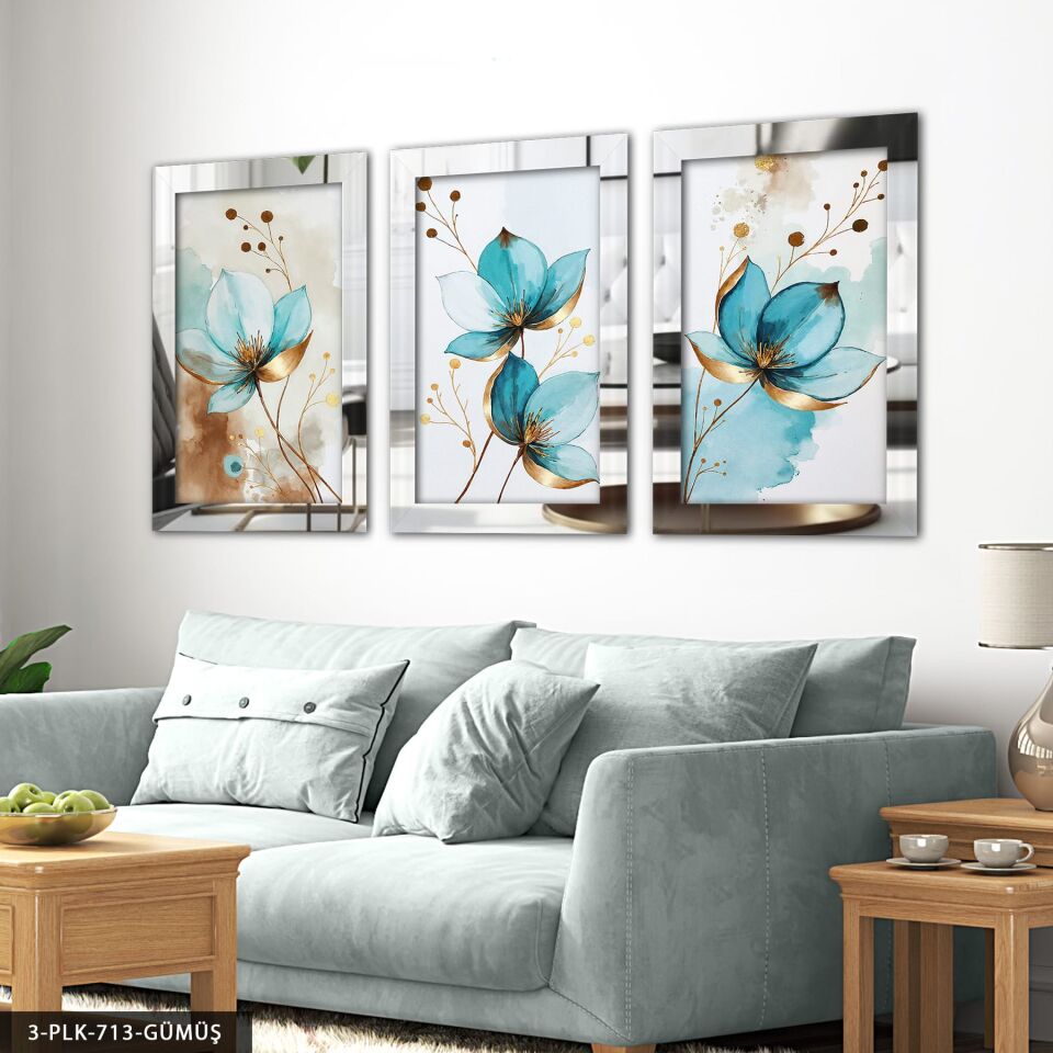 Sulu Boya Görünümlü Mavi Çiçek 3 Parça Pleksi Aynalı Tablo Gümüş - 60 x 80 CM