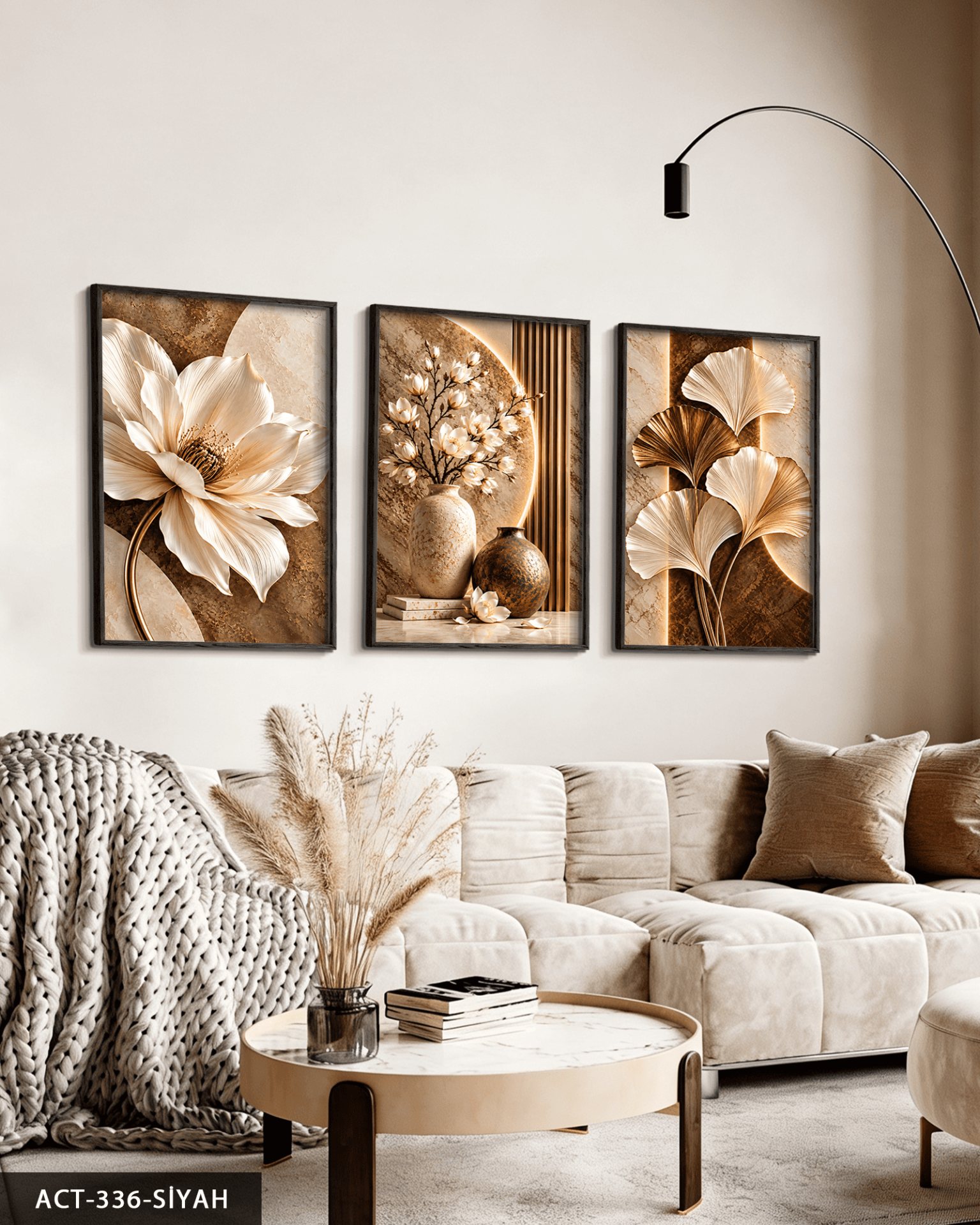 Kahve Beyaz Çiçek ve Yaprak 3 Parça Ahşap Çerçeveli Tablo ACT Siyah - 50 x 70 CM