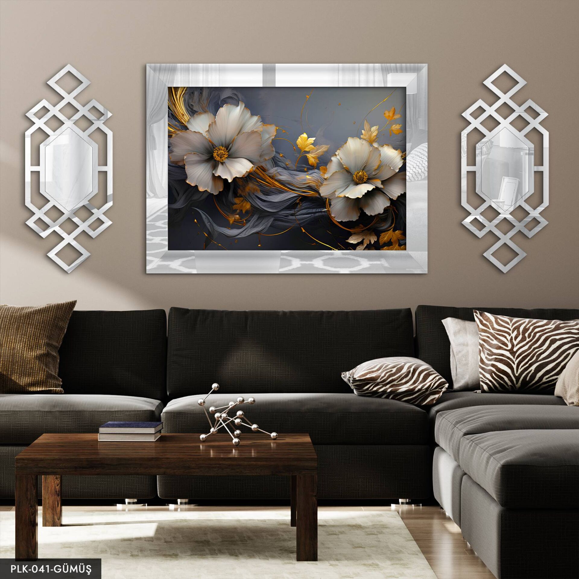 Gold Detaylı Çiçek Yan Dekorlu 3 Parça Pleksi Tablo DKRPLK 130 x 25 CM - Gümüş