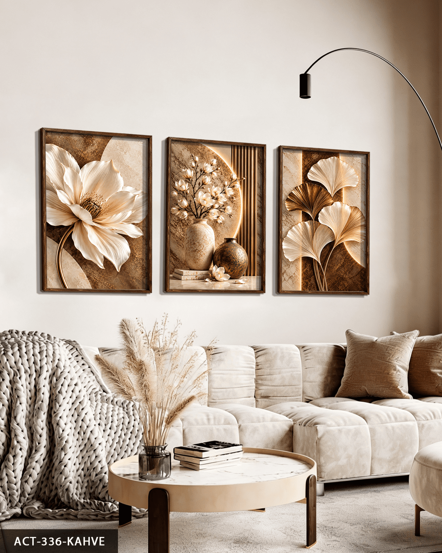 Kahve Beyaz Çiçek ve Yaprak 3 Parça Ahşap Çerçeveli Tablo ACT Kahverengi - 30 x 40 CM