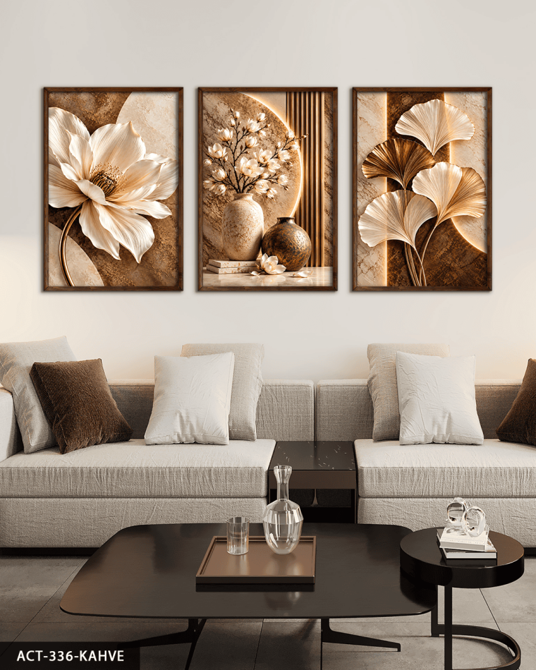 Kahve Beyaz Çiçek ve Yaprak 3 Parça Ahşap Çerçeveli Tablo ACT Kahverengi - 30 x 40 CM