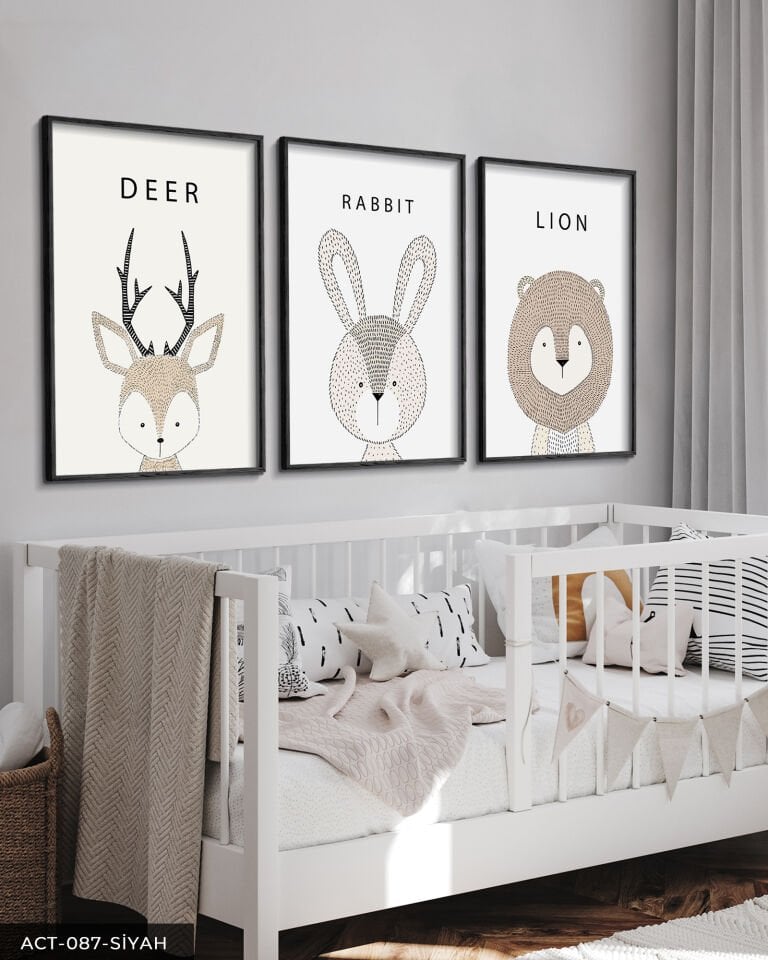 Hayvanlar Çocuk Odası 3 Parça Ahşap Çerçeveli Tablo