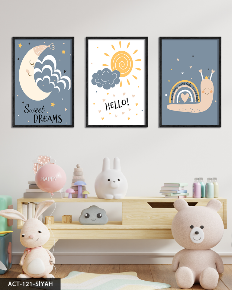 Hayvan Temalı Çocuk Odası 3 Parça Ahşap Çerçeveli Tablo ACT Siyah - 20 x 30 CM