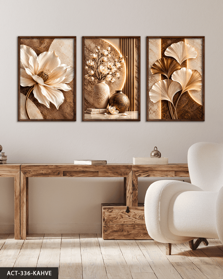 Kahve Beyaz Çiçek ve Yaprak 3 Parça Ahşap Çerçeveli Tablo ACT Kahverengi - 50 x 70 CM