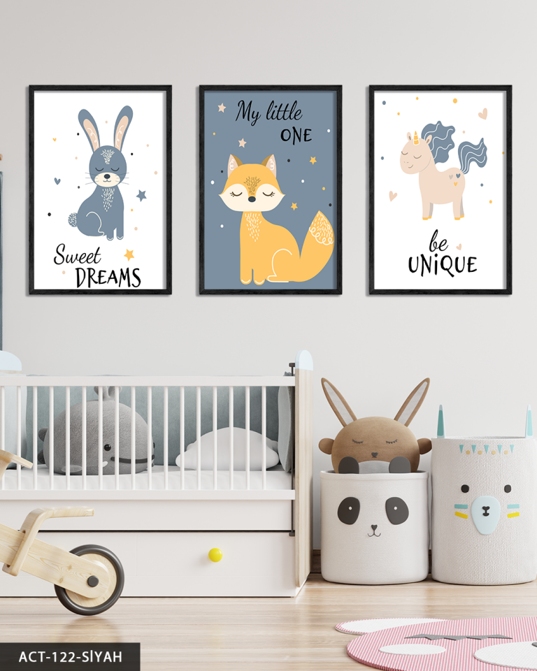 Hayvan Temalı Çocuk Odası 3 Parça Ahşap Çerçeveli Tablo ACT Siyah - 20 x 30 CM