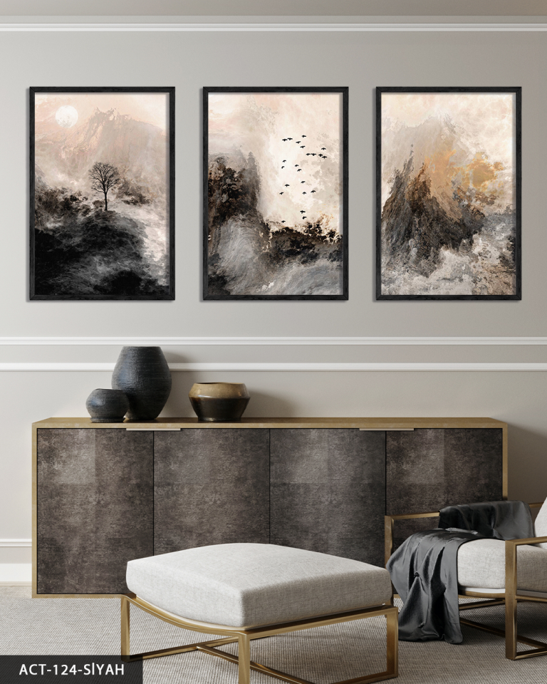 Fırça İzleriyle Modern Sanat 3 Parça Ahşap Çerçeveli Tablo ACT Siyah - 20 x 30 CM