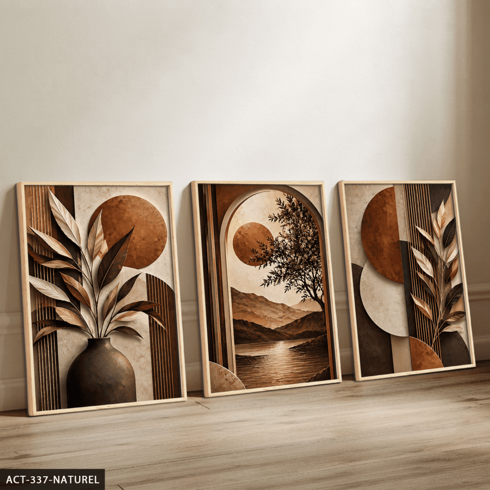 Kahve Yapraklar ve Günbatımı 3 Parça Ahşap Çerçeveli Tablo ACT Naturel - 40 x 60 CM