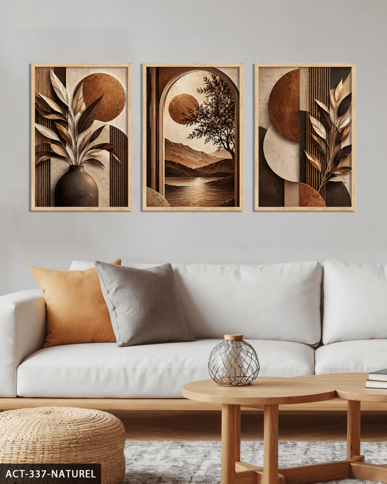 Kahve Yapraklar ve Günbatımı 3 Parça Ahşap Çerçeveli Tablo ACT Naturel - 50 x 70 CM
