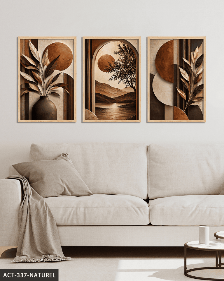 Kahve Yapraklar ve Günbatımı 3 Parça Ahşap Çerçeveli Tablo ACT Naturel - 50 x 70 CM