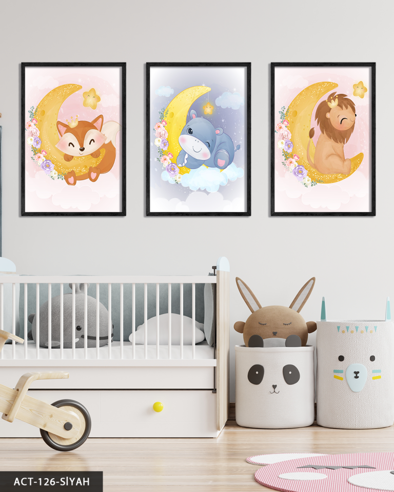 Hayvan Temalı Çocuk Odası 3 Parça Ahşap Çerçeveli Tablo ACT Siyah - 20 x 30 CM