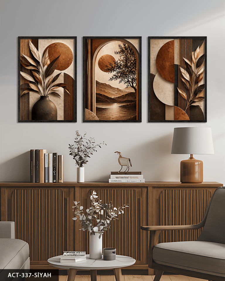 Kahve Yapraklar ve Günbatımı 3 Parça Ahşap Çerçeveli Tablo ACT Siyah - 30 x 40 CM