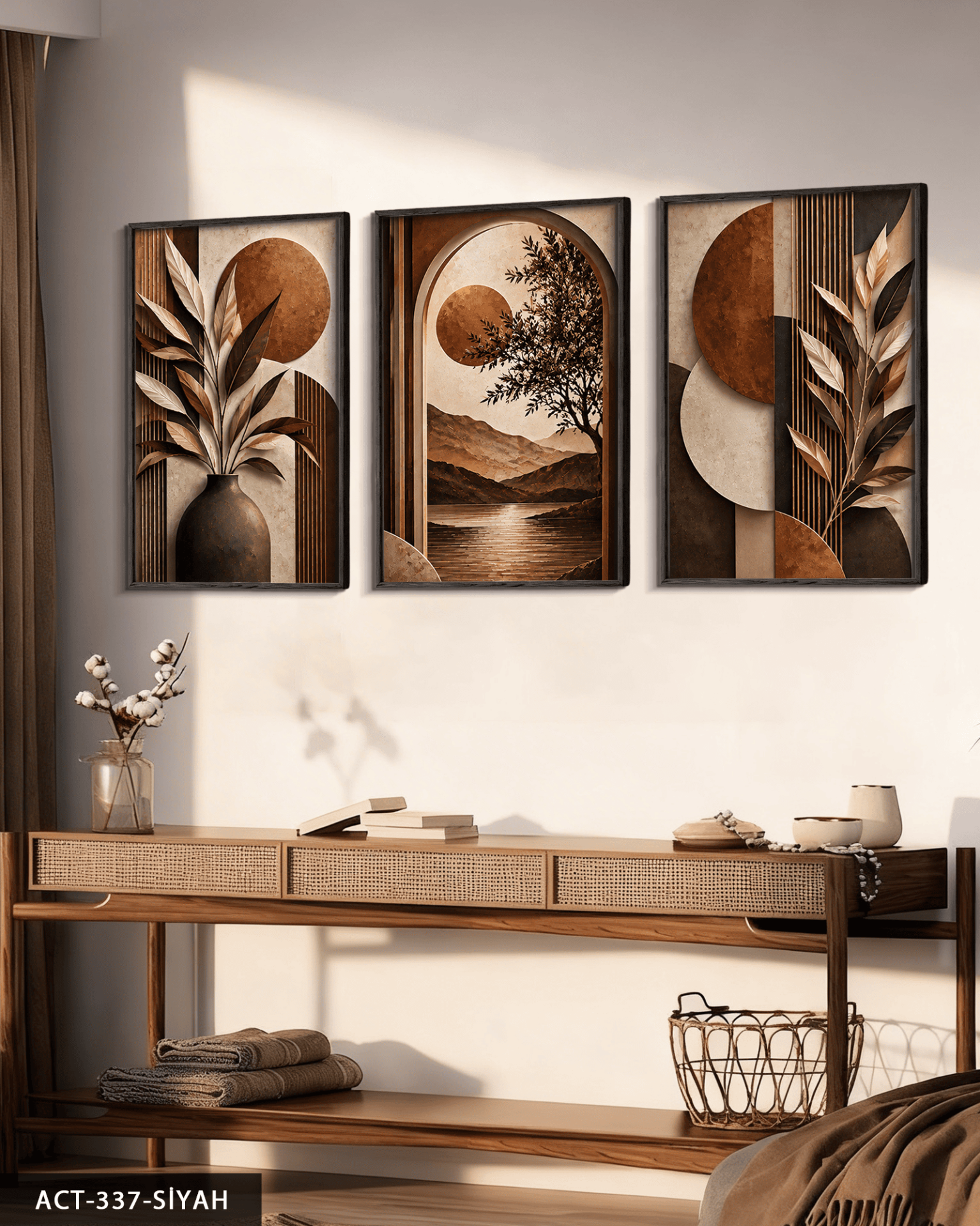 Kahve Yapraklar ve Günbatımı 3 Parça Ahşap Çerçeveli Tablo ACT Siyah - 30 x 40 CM