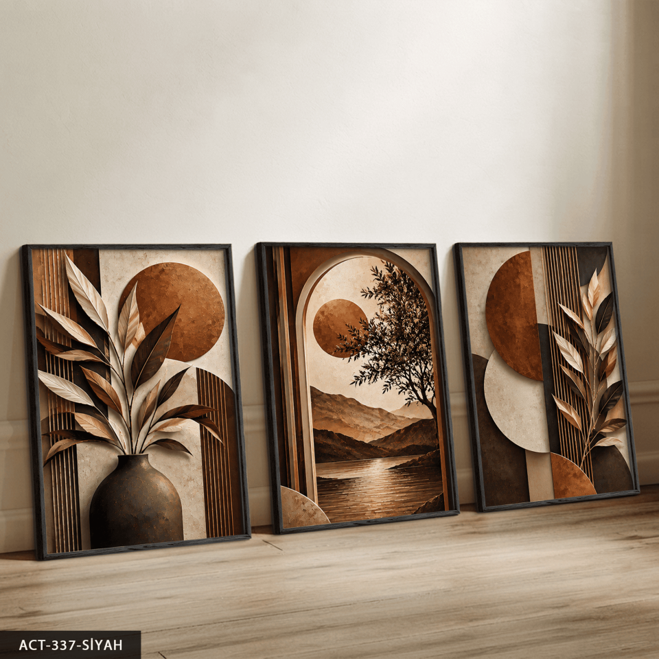 Kahve Yapraklar ve Günbatımı 3 Parça Ahşap Çerçeveli Tablo ACT Siyah - 30 x 40 CM