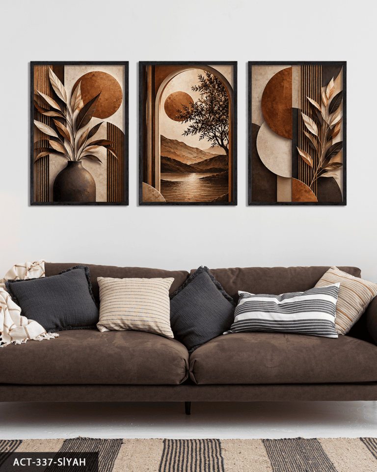 Kahve Yapraklar ve Günbatımı 3 Parça Ahşap Çerçeveli Tablo ACT Siyah - 40 x 60 CM