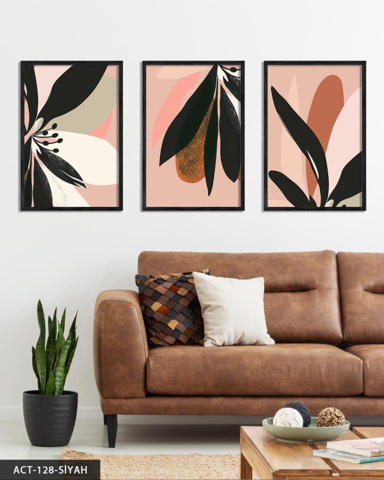 Pembe Zeminde Siyah Yapraklı Çiçek 3 Parça Ahşap Çerçeveli Tablo ACT Siyah - 20 x 30 CM