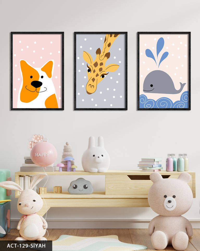 Hayvan Temalı Çocuk Odası 3 Parça Ahşap Çerçeveli Tablo ACT Siyah - 20 x 30 CM