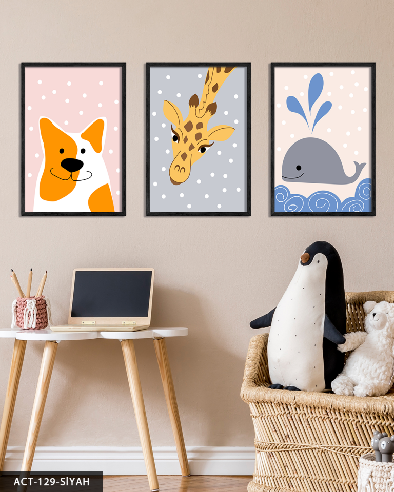 Hayvan Temalı Çocuk Odası 3 Parça Ahşap Çerçeveli Tablo ACT Siyah - 20 x 30 CM