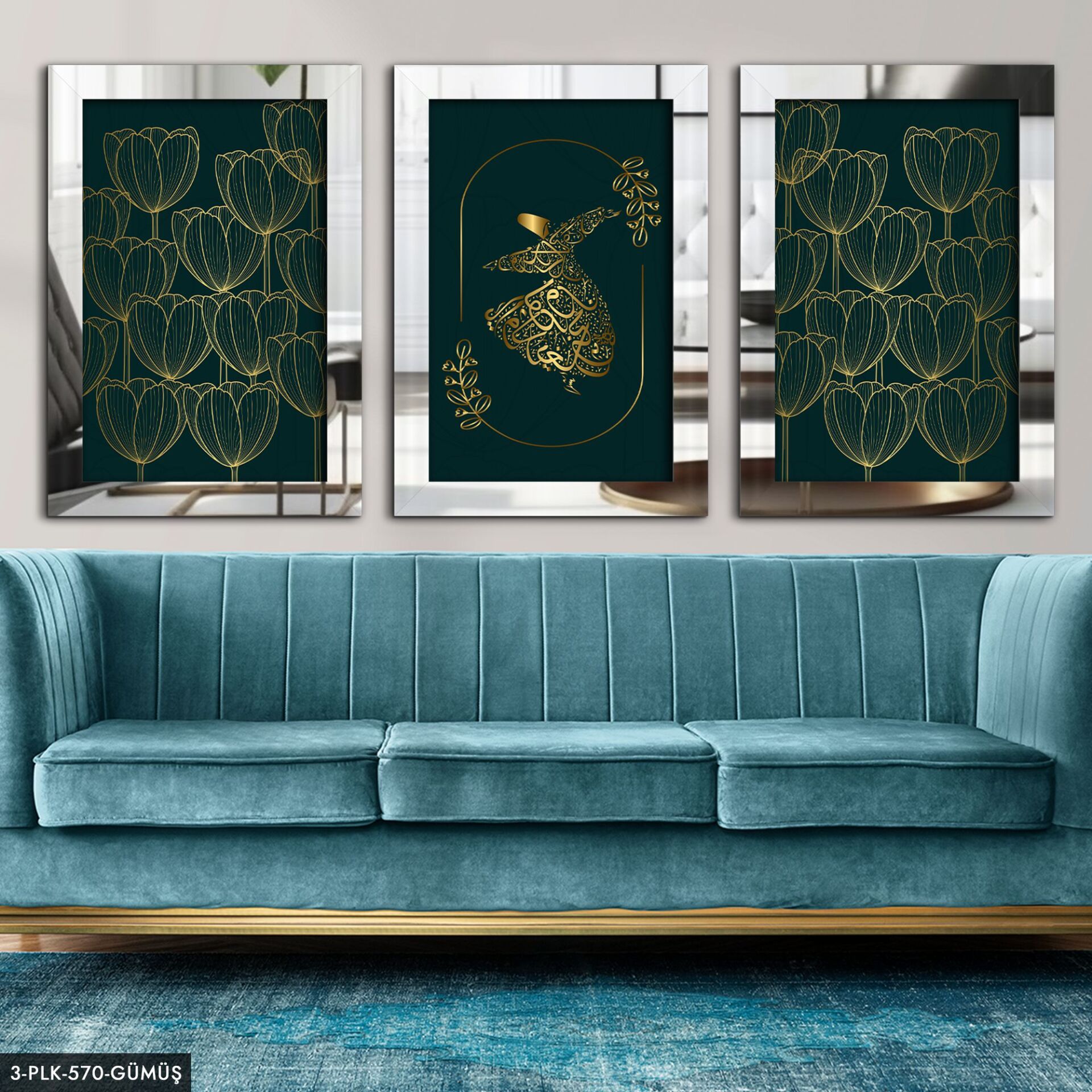 Çiçekler Semazen 3 Parça Pleksi Aynalı Tablo 50 x 70 CM - Gümüş