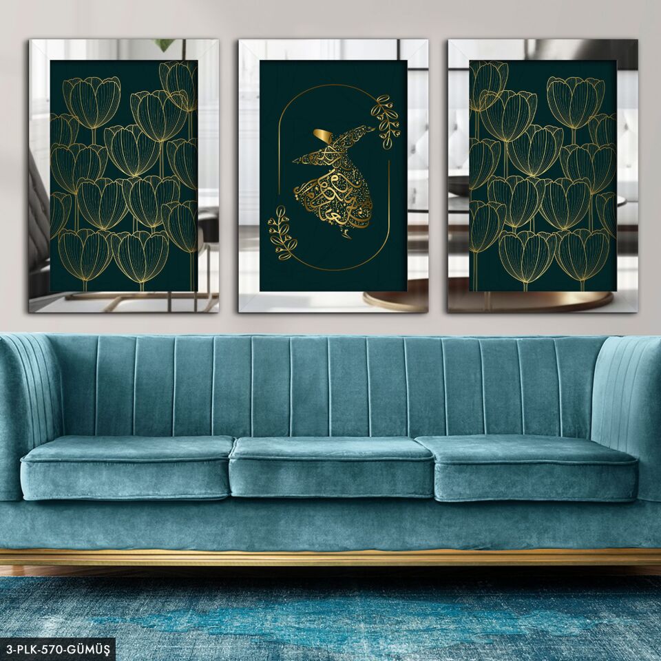 Çiçekler Semazen 3 Parça Pleksi Aynalı Tablo 50 x 70 CM - Gümüş