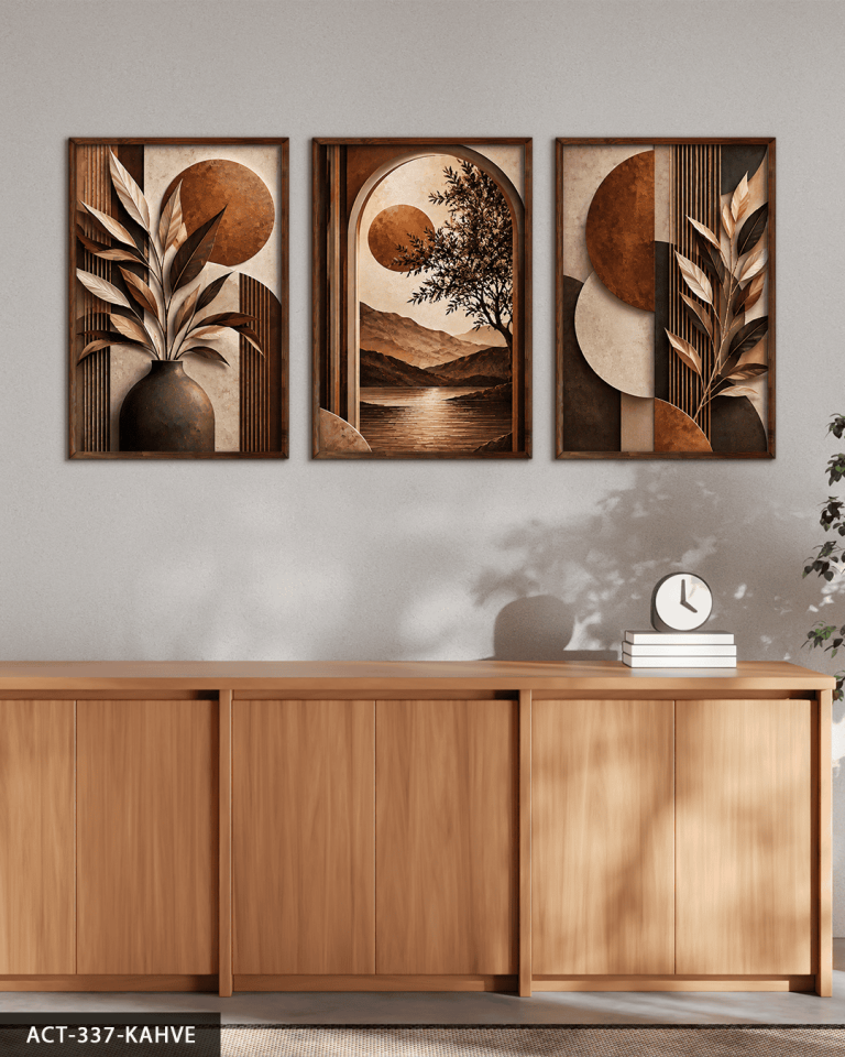Kahve Yapraklar ve Günbatımı 3 Parça Ahşap Çerçeveli Tablo ACT Kahverengi - 30 x 40 CM