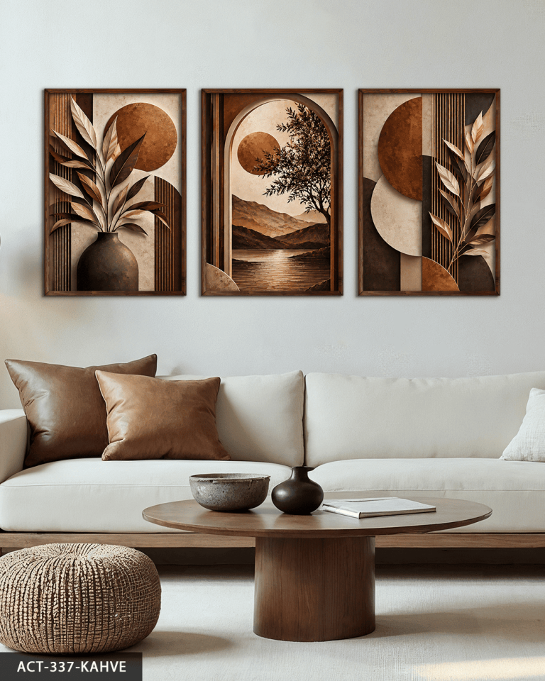 Kahve Yapraklar ve Günbatımı 3 Parça Ahşap Çerçeveli Tablo ACT Kahverengi - 30 x 40 CM