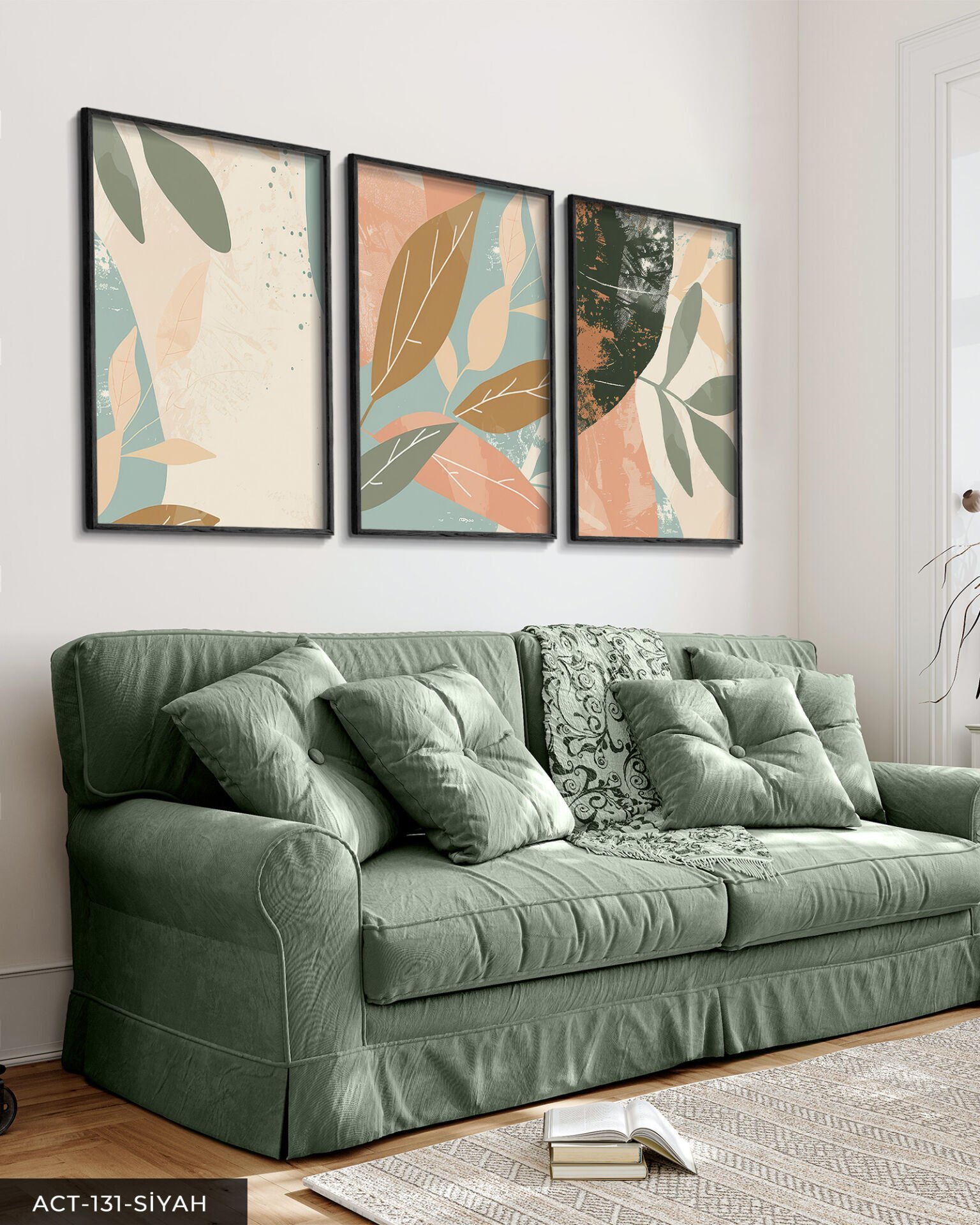 Boho Tarzı Renkli Yapraklar 3 Parça Ahşap Çerçeveli Tablo ACT Siyah - 20 x 30 CM