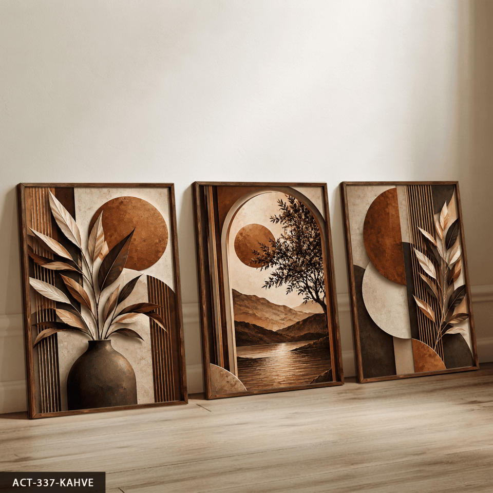 Kahve Yapraklar ve Günbatımı 3 Parça Ahşap Çerçeveli Tablo ACT Kahverengi - 40 x 60 CM