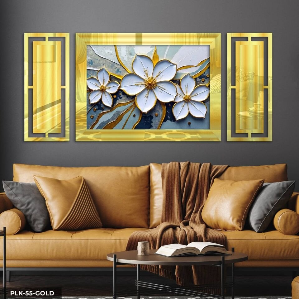 Gold Detaylı Beyaz Çiçek Yan Dekorlu 3 Parça Pleksi Tablo DKRPLK 130 x 25 CM - Gold