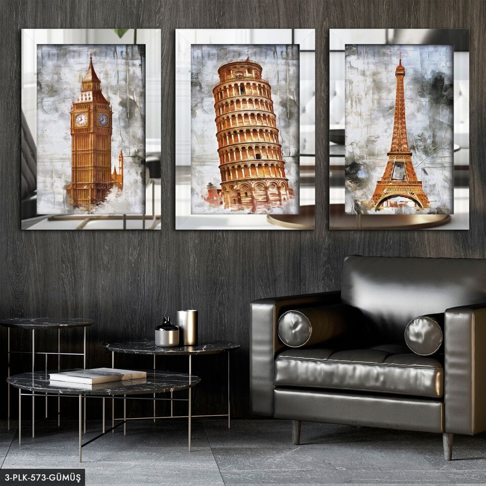 Eyfel Pisa Londra Saat Kulesi 3 Parça Pleksi Aynalı Tablo 50 x 70 CM - Gümüş
