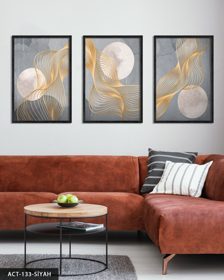 Gri Zeminde Gold Detaylı Dalgalar 3 Parça Ahşap Çerçeveli Tablo ACT Siyah - 20 x 30 CM