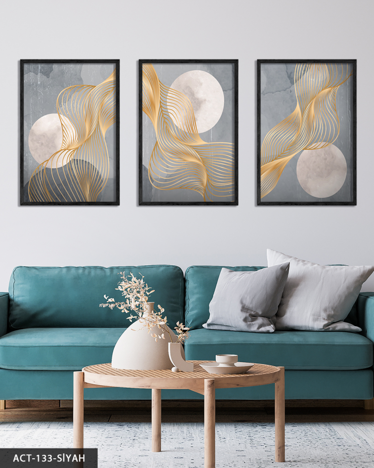 Gri Zeminde Gold Detaylı Dalgalar 3 Parça Ahşap Çerçeveli Tablo ACT Siyah - 20 x 30 CM