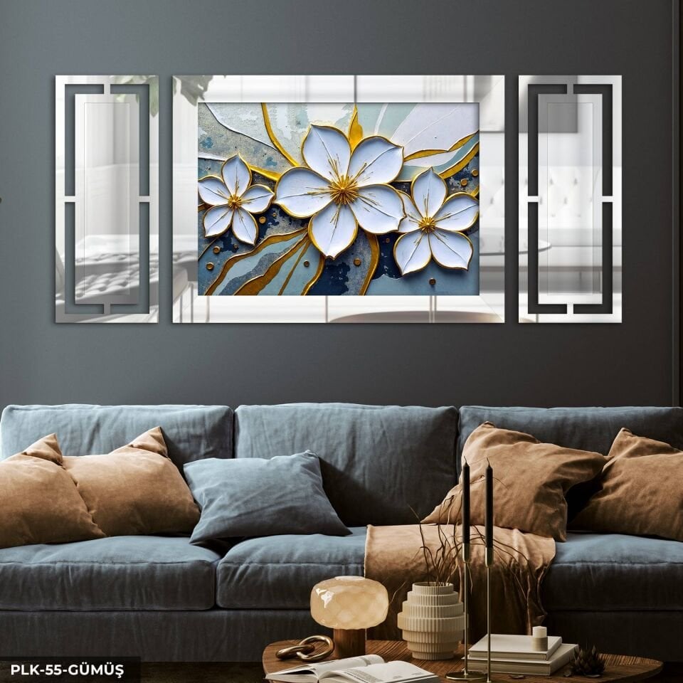 Gold Detaylı Beyaz Çiçek Yan Dekorlu 3 Parça Pleksi Tablo DKRPLK 130 x 25 CM - Gümüş