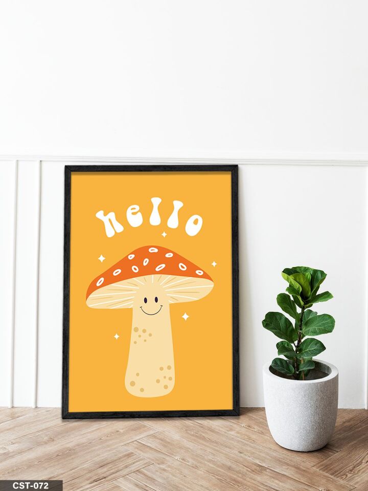 Hello Yazılı Mantar Tek Parça Ahşap Çerçeveli Tablo Siyah - 50 x 70 CM
