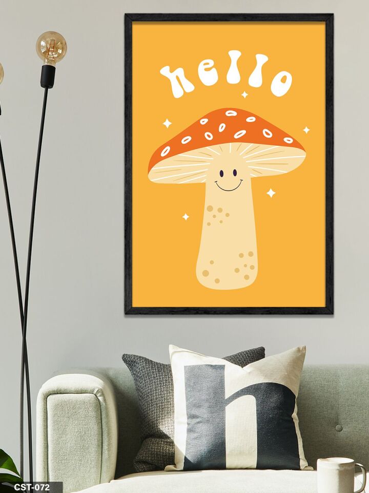 Hello Yazılı Mantar Tek Parça Ahşap Çerçeveli Tablo Siyah - 50 x 70 CM