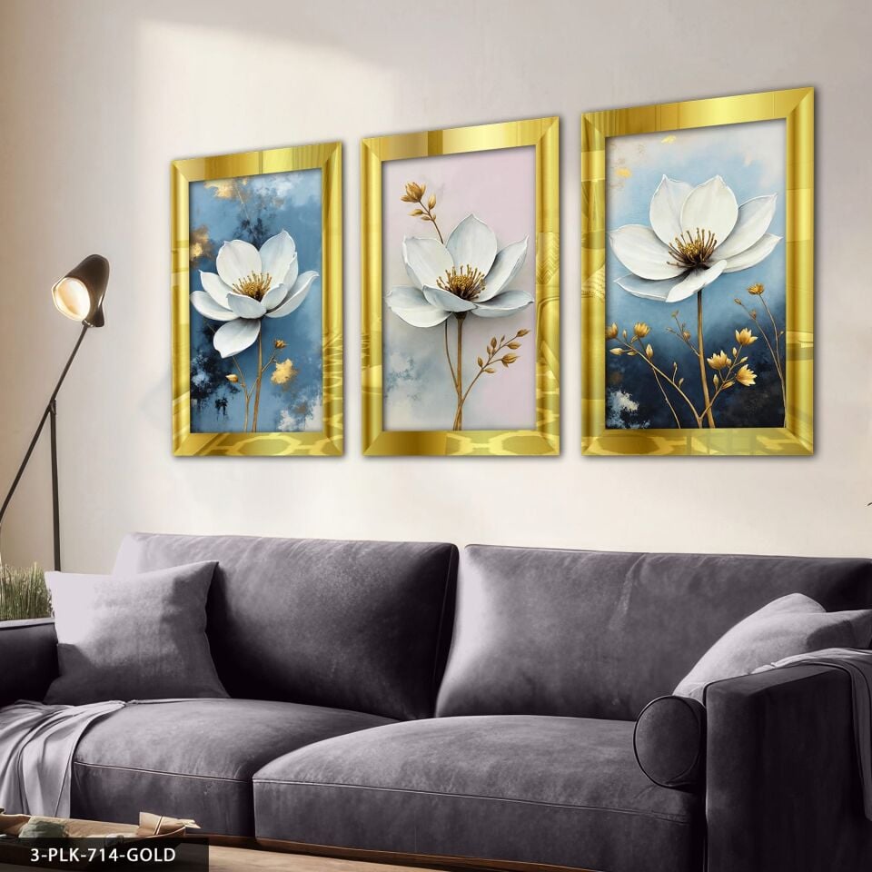 Gold Yapraklı Beyaz Çiçek 3 Parça Pleksi Aynalı Tablo