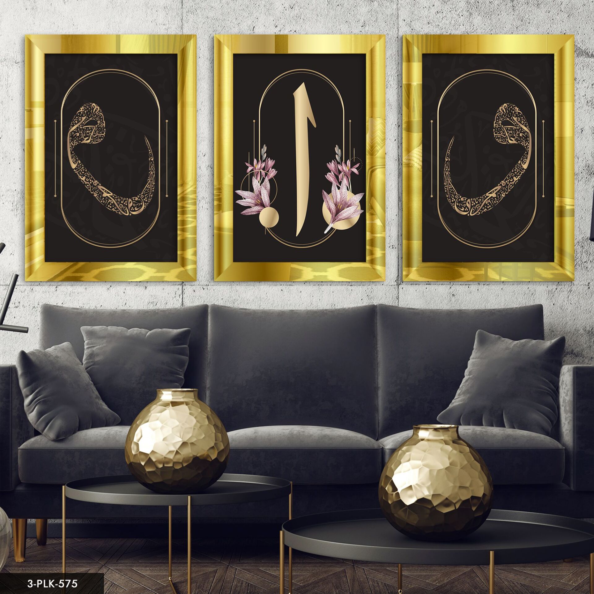 Elif Vav 3 Parça Pleksi Aynalı Tablo 50 x 70 CM - Gold