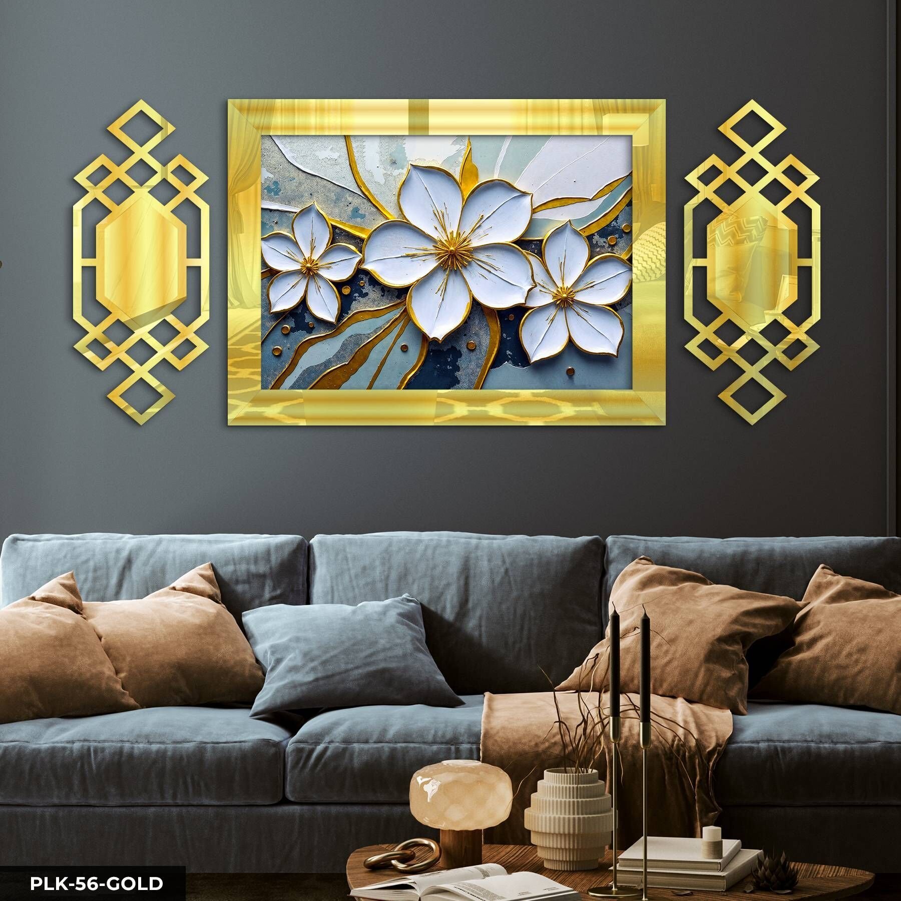 Gold Detaylı Beyaz Çiçek Yan Dekorlu 3 Parça Pleksi Tablo DKRPLK 130 x 25 CM - Gold