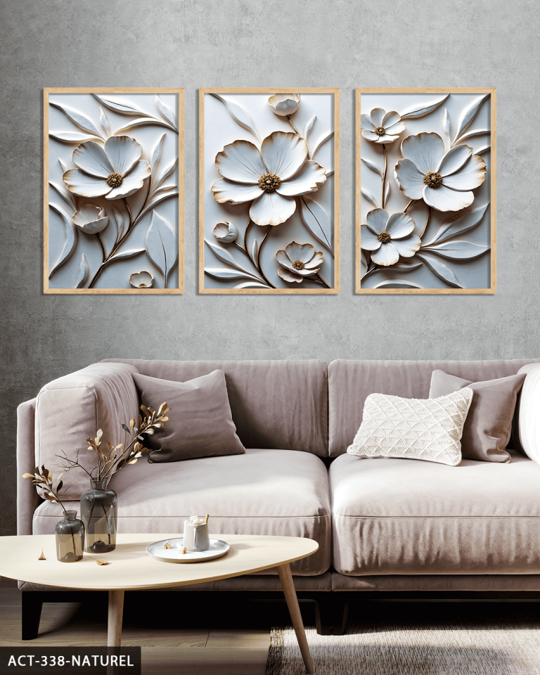 Dokulu Görünüm Beyaz Çiçek 3 Parça Ahşap Çerçeveli Tablo ACT Naturel - 50 x 70 CM