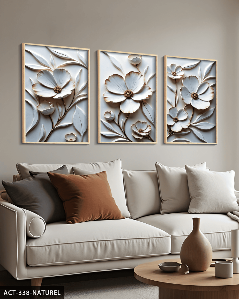 Dokulu Görünüm Beyaz Çiçek 3 Parça Ahşap Çerçeveli Tablo ACT Naturel - 50 x 70 CM