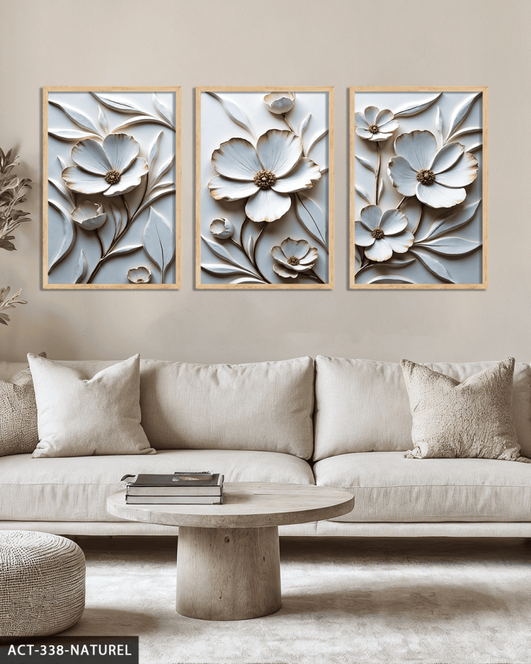 Dokulu Görünüm Beyaz Çiçek 3 Parça Ahşap Çerçeveli Tablo ACT Naturel - 50 x 70 CM