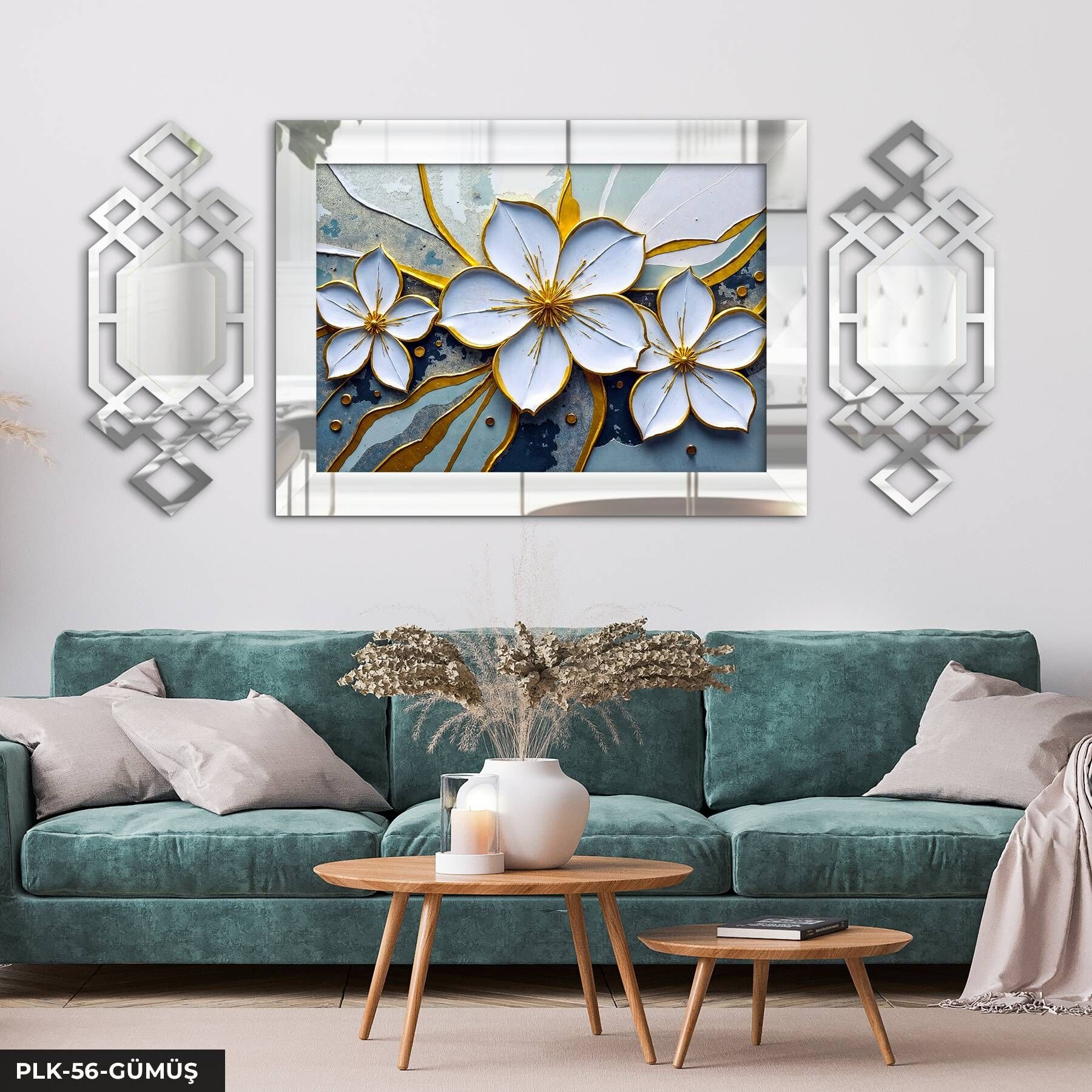 Gold Detaylı Beyaz Çiçek Yan Dekorlu 3 Parça Pleksi Tablo DKRPLK 130 x 25 CM - Gümüş