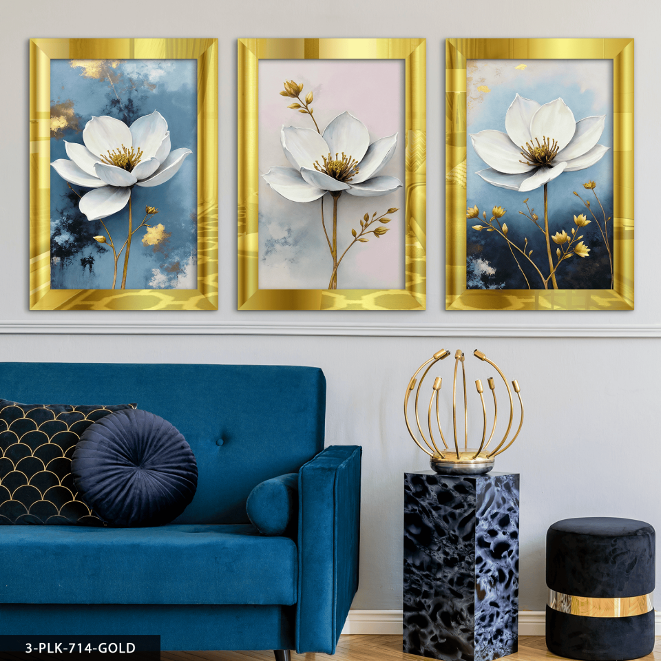 Gold Yapraklı Beyaz Çiçek 3 Parça Pleksi Aynalı Tablo 40 x 60 CM - Gold