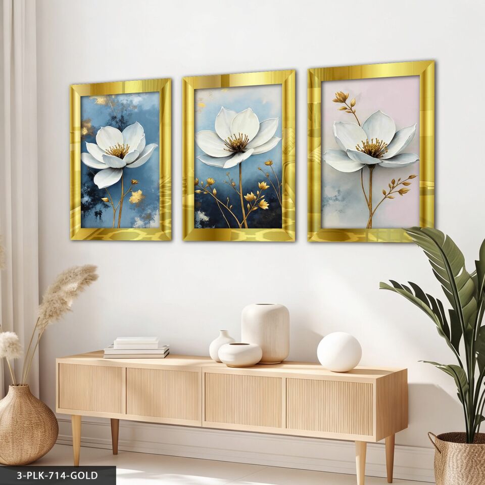 Gold Yapraklı Beyaz Çiçek 3 Parça Pleksi Aynalı Tablo 40 x 60 CM - Gold