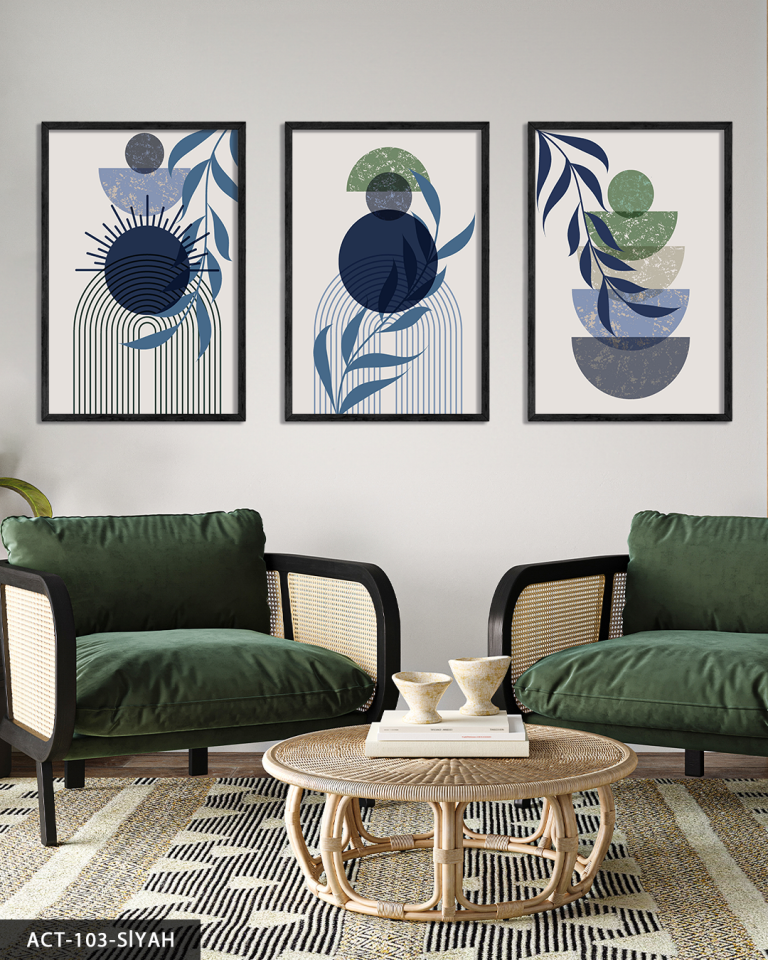 Minimalist Boho Tarzı Yaprak 3 Parça Ahşap Çerçeveli Tablo ACT