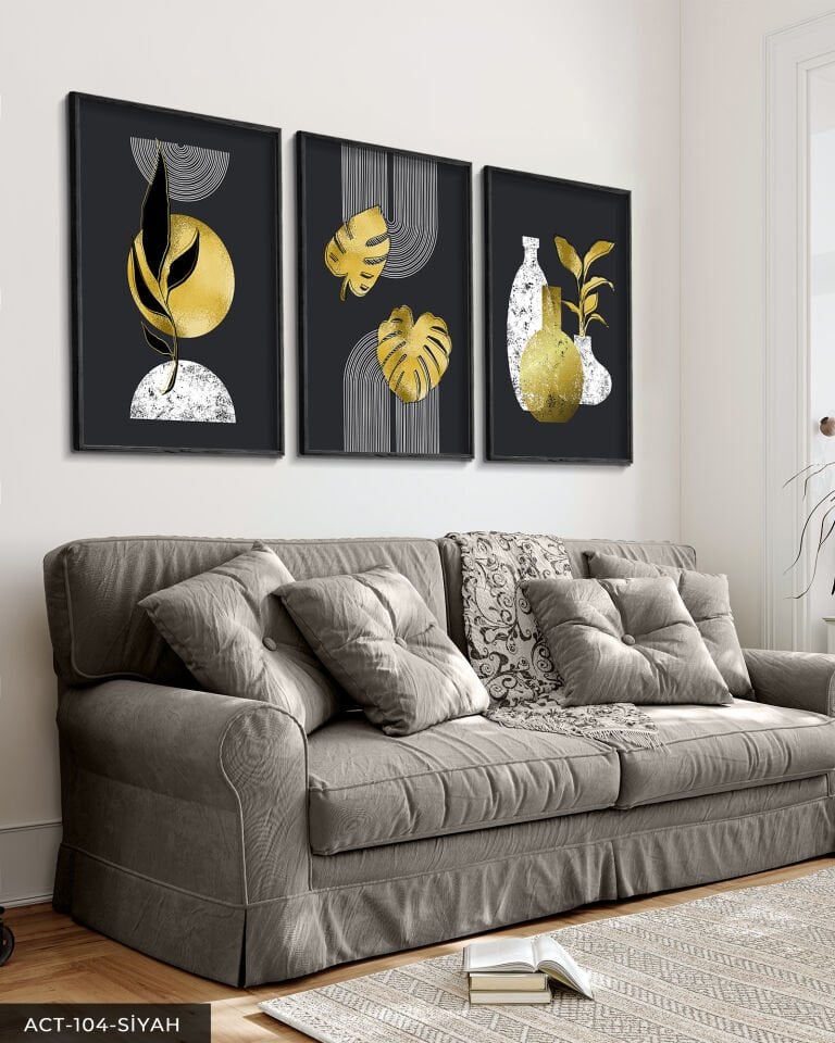 Boho Tarzı Gold Detaylı Yaprak 3 Parça Ahşap Çerçeveli Tablo ACT