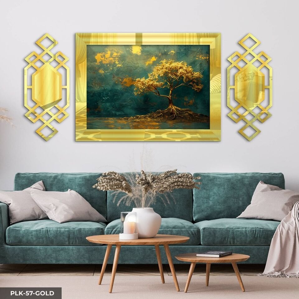 Gold Ağaç Yan Dekorlu 3 Parça Pleksi Tablo DKRPLK 130 x 25 CM - Gold