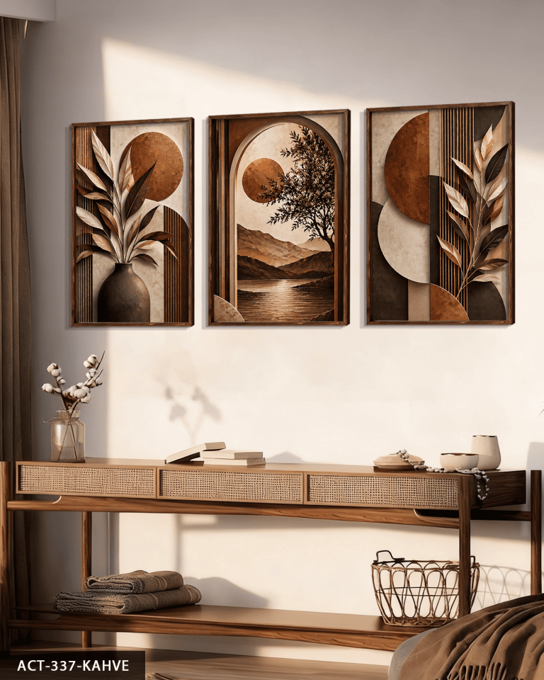 Dokulu Görünüm Beyaz Çiçek 3 Parça Ahşap Çerçeveli Tablo ACT Kahverengi - 50 x 70 CM