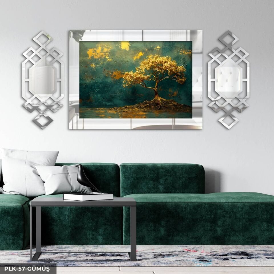 Gold Ağaç Yan Dekorlu 3 Parça Pleksi Tablo DKRPLK 130 x 25 CM - Gümüş
